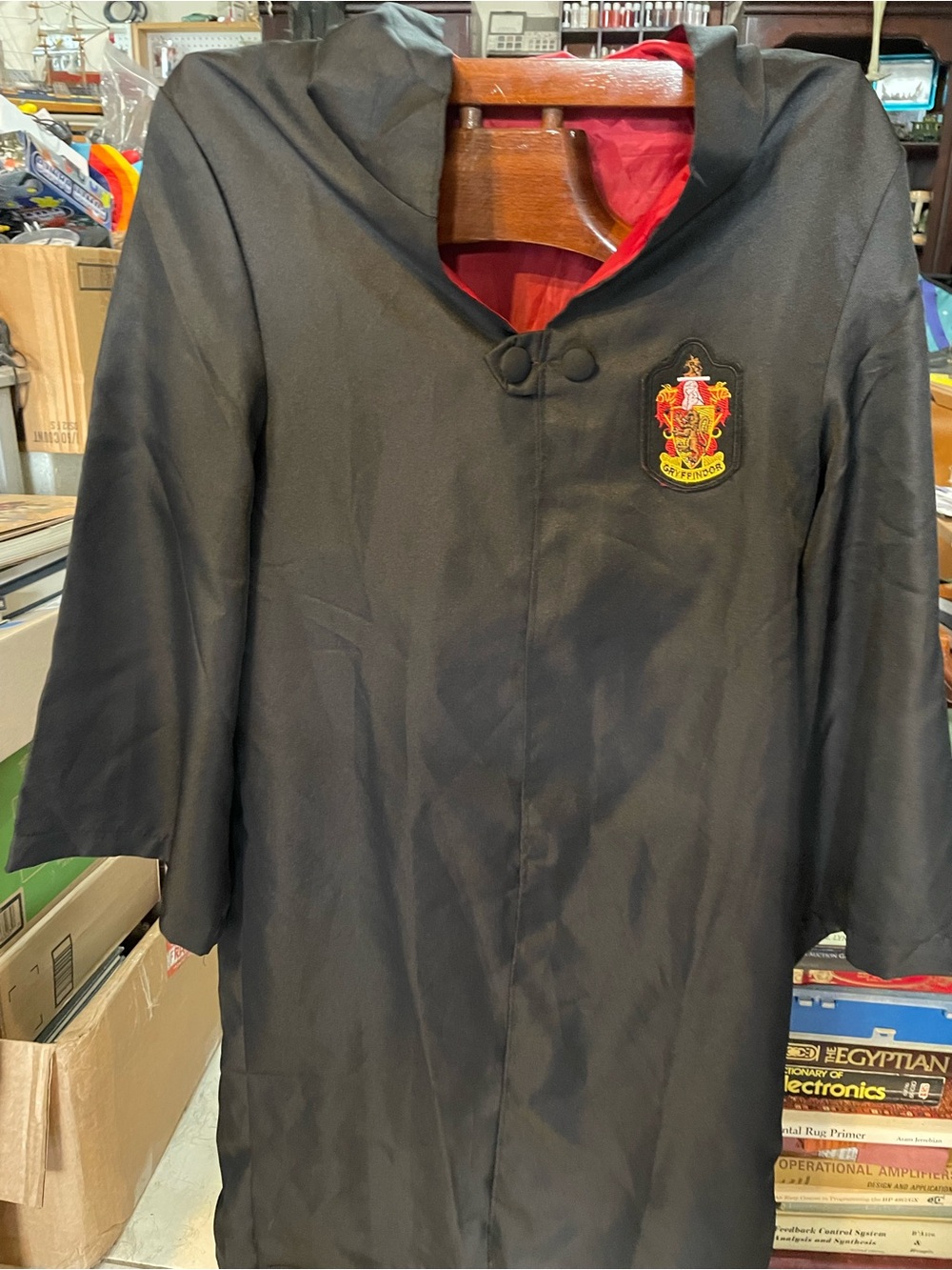Black Hooded Kids Cape Coat with Red Lining and Gryffindor Patch